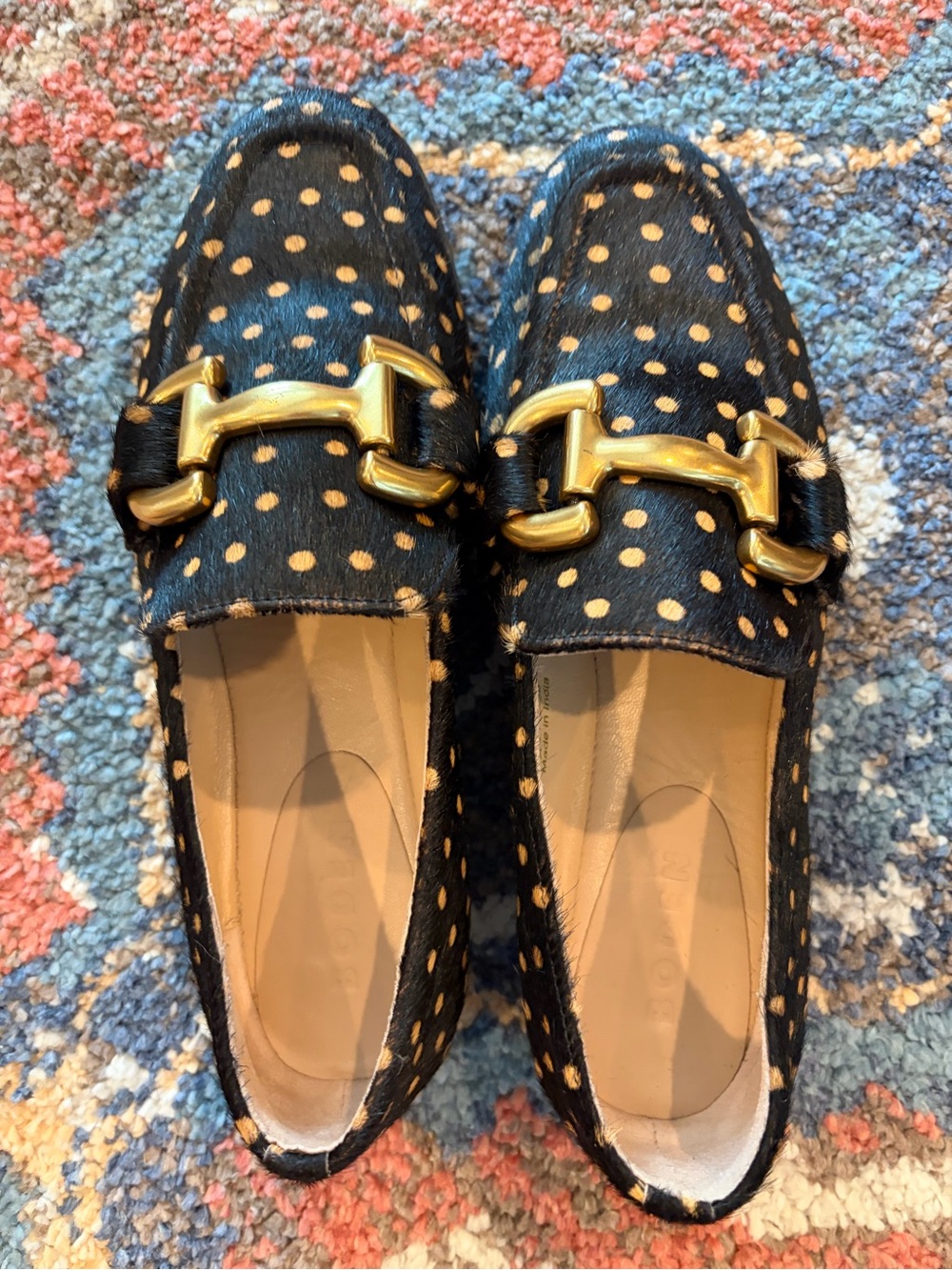 Like New! Boden Black Gold Buckle Calf Hair Snaffle Loafers sz 7 US/ 38 EU - Picture 5 of 8